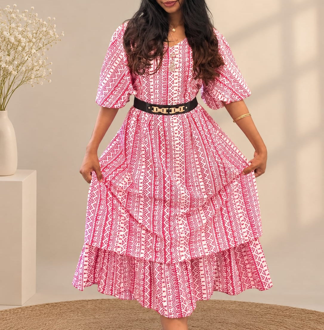 Pink Printed Tiered Frock Dress